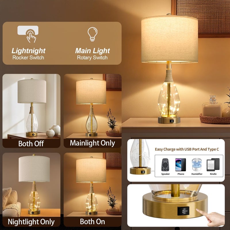 OYEARS 23" Table Lamps for Living Room Set of 2 Bedside Lamps for Night Stands Bedroom Lamps Farmhouse Rattan Boho Lamp Glass Nightlight End Table Lamp with USB C+A (Gold),Two Light Points - Image 3